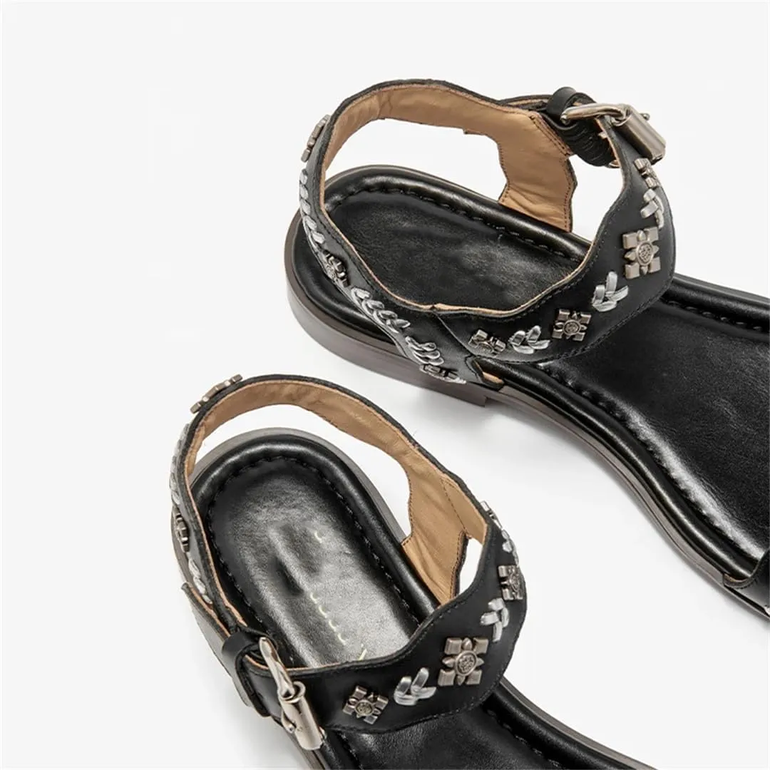Womens Buckle Strap Back Strap Round Heel Open Side Vamp Ankle Strap Sandals Genuine Cow Leather Metal Decoration Casual Summer Sandals