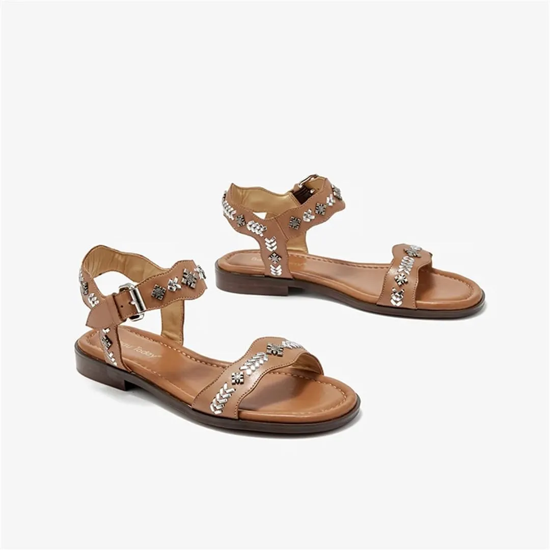 Womens Buckle Strap Back Strap Round Heel Open Side Vamp Ankle Strap Sandals Genuine Cow Leather Metal Decoration Casual Summer Sandals
