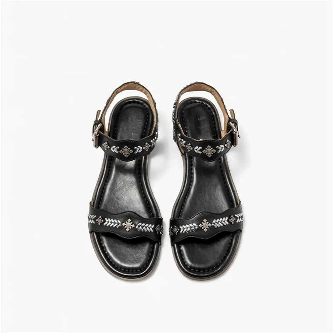 Womens Buckle Strap Back Strap Round Heel Open Side Vamp Ankle Strap Sandals Genuine Cow Leather Metal Decoration Casual Summer Sandals