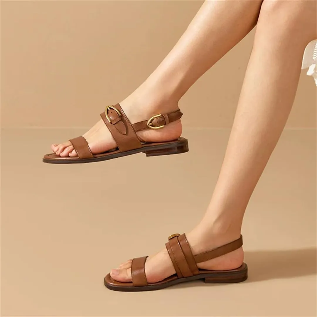 Womens Buckle Strap Back Strap Round Heel Open Side Vamp Gladiator Sandals Leather Metal Buckle Slingback Retro Summer Sandals