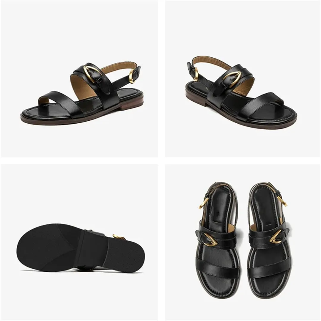 Womens Buckle Strap Back Strap Round Heel Open Side Vamp Gladiator Sandals Leather Metal Buckle Slingback Retro Summer Sandals