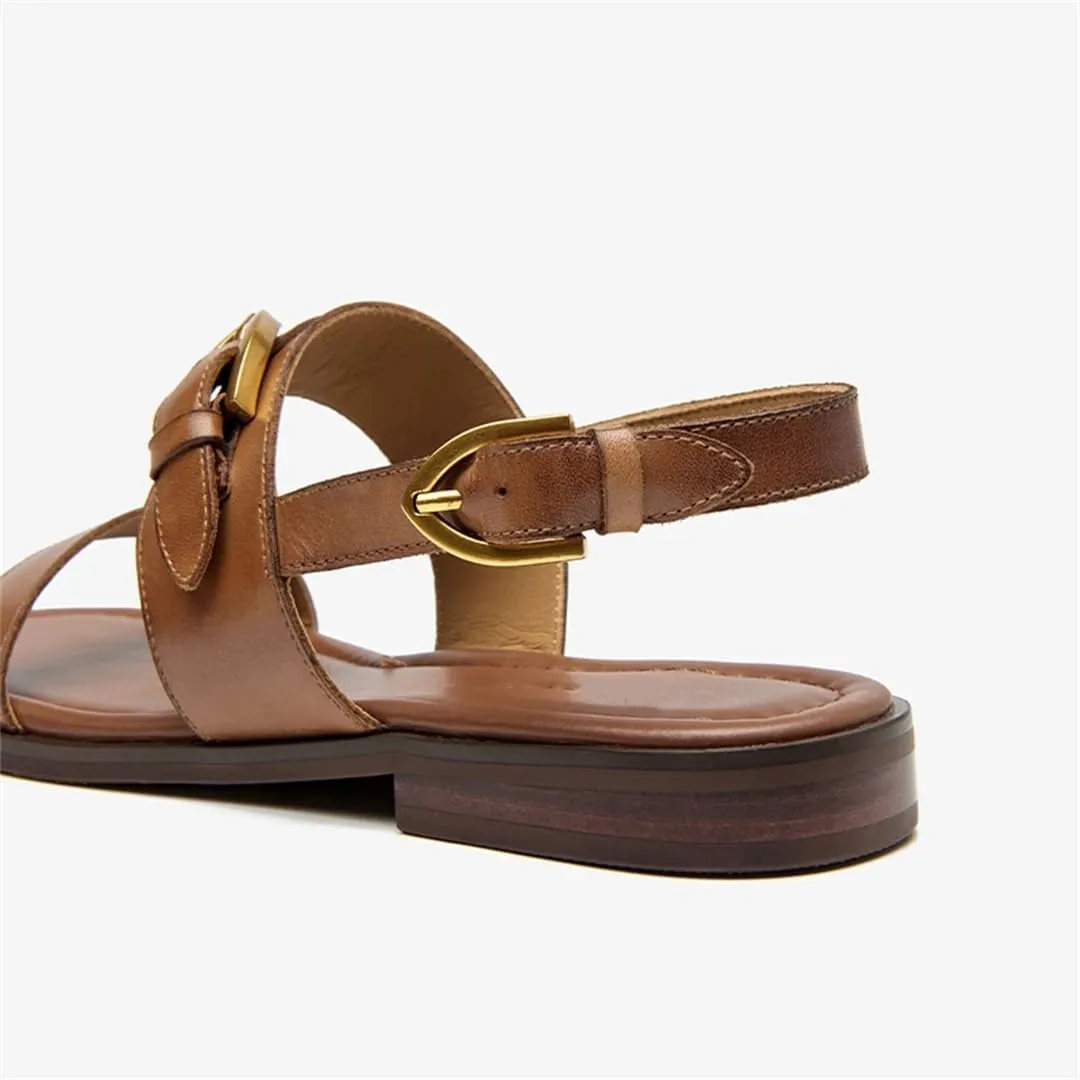 Womens Buckle Strap Back Strap Round Heel Open Side Vamp Gladiator Sandals Leather Metal Buckle Slingback Retro Summer Sandals