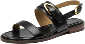 Womens Buckle Strap Back Strap Round Heel Open Side Vamp Gladiator Sandals Leather Metal Buckle Slingback Retro Summer Sandals