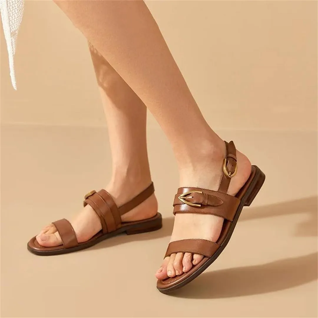 Womens Buckle Strap Back Strap Round Heel Open Side Vamp Gladiator Sandals Leather Metal Buckle Slingback Retro Summer Sandals