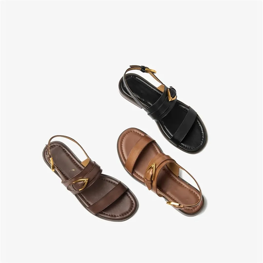 Womens Buckle Strap Back Strap Round Heel Open Side Vamp Gladiator Sandals Leather Metal Buckle Slingback Retro Summer Sandals