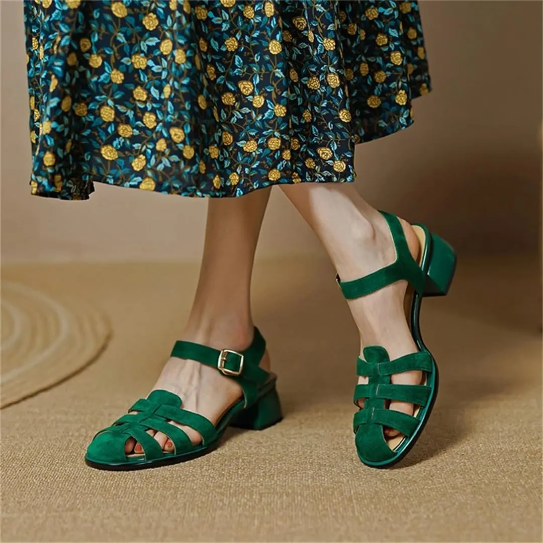 Womens Buckle Strap Back Strap Square Heel Open Side Vamp Concise Sandals Suede Thick Summer Sandals