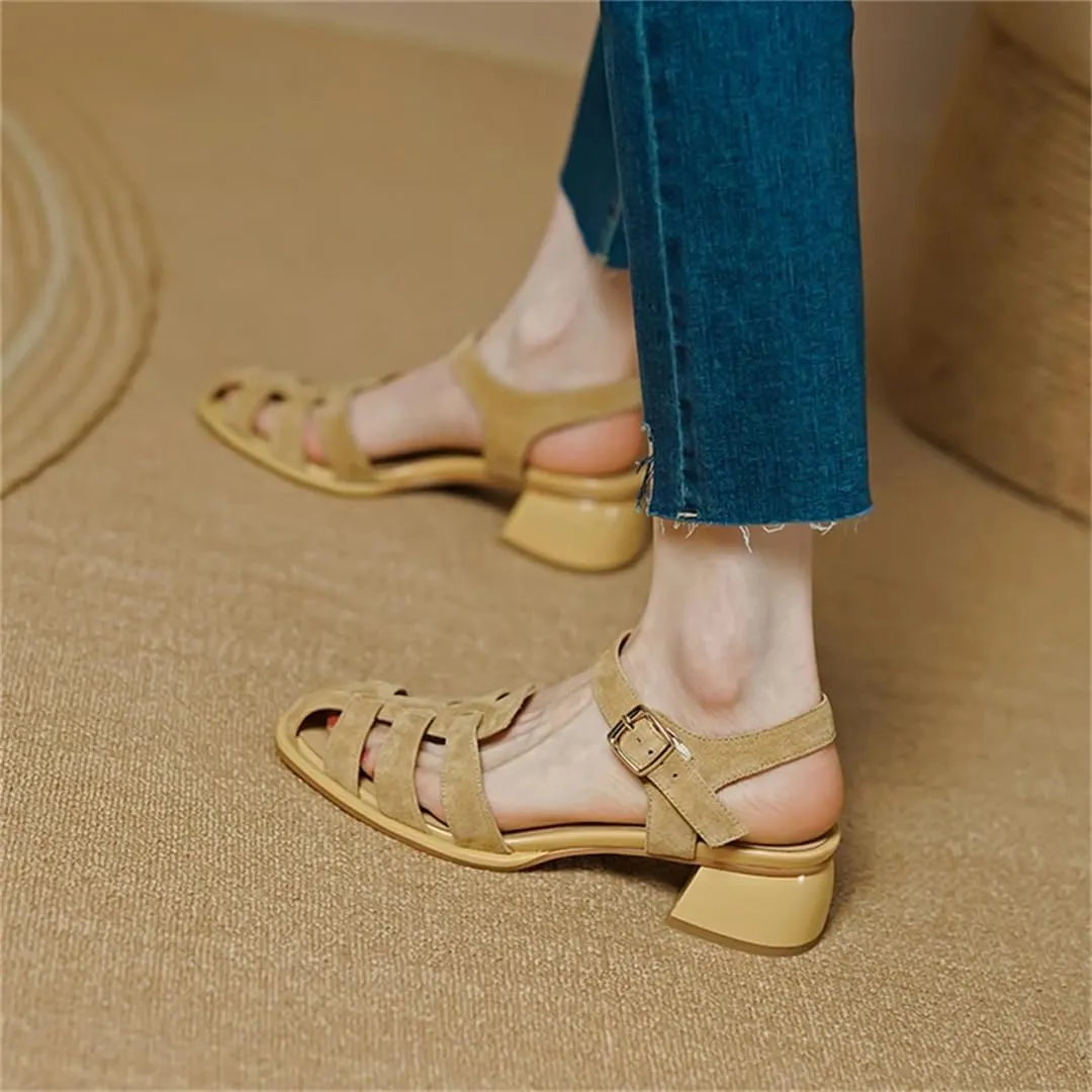 Womens Buckle Strap Back Strap Square Heel Open Side Vamp Concise Sandals Suede Thick Summer Sandals