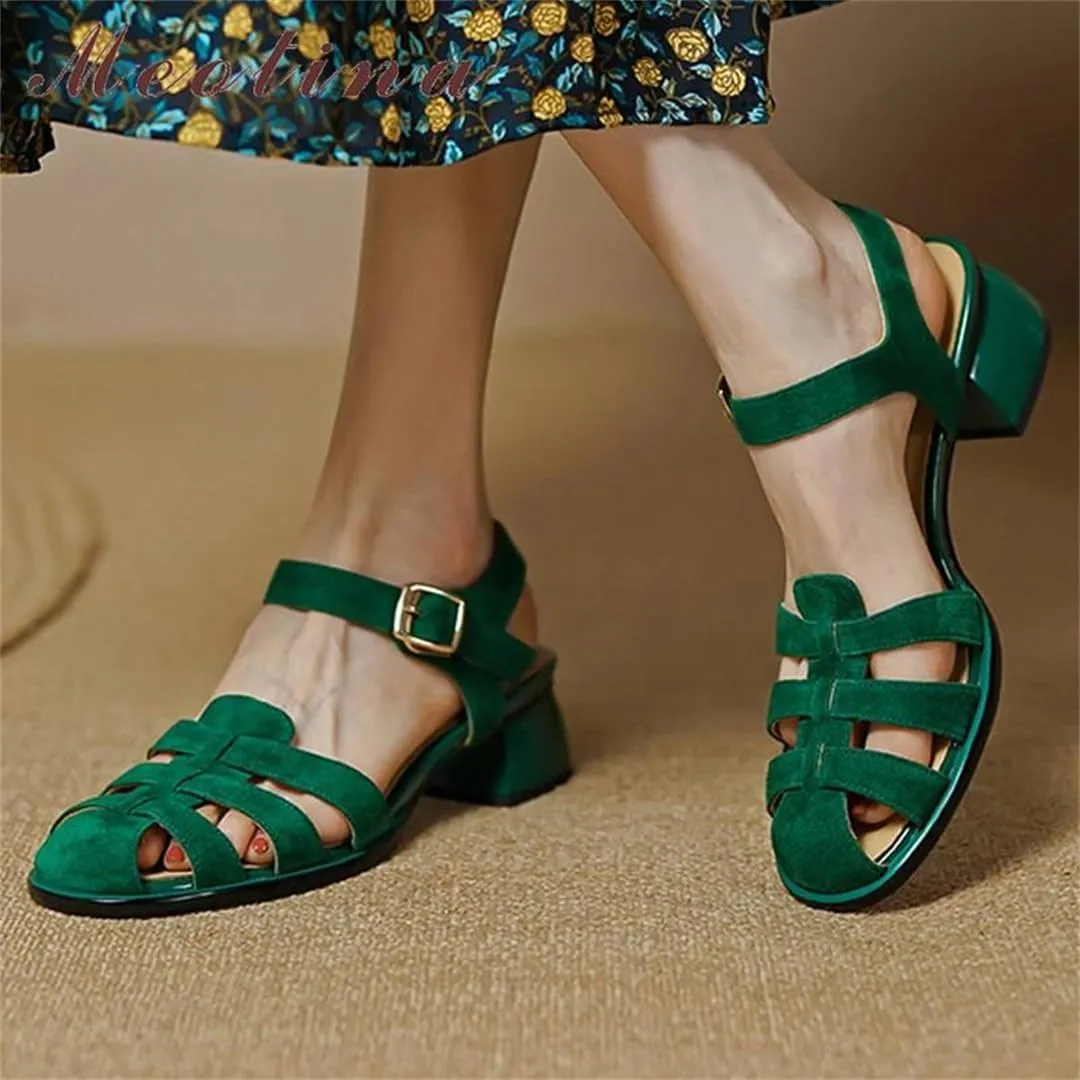Womens Buckle Strap Back Strap Square Heel Open Side Vamp Concise Sandals Suede Thick Summer Sandals