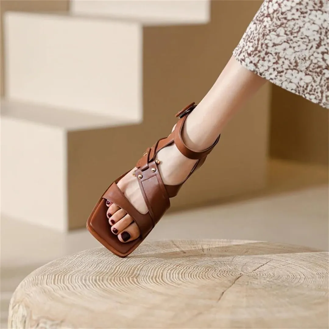 Womens Buckle Strap Back Strap Square Heel Open Side Vamp Gladiator Sandals Cow Leather Low Heel Casual Metal Buckle Summer Sandals