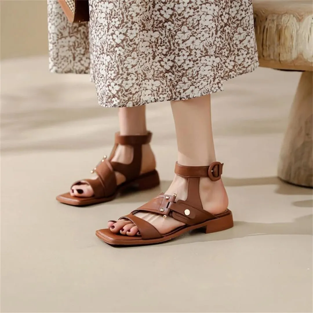 Womens Buckle Strap Back Strap Square Heel Open Side Vamp Gladiator Sandals Cow Leather Low Heel Casual Metal Buckle Summer Sandals