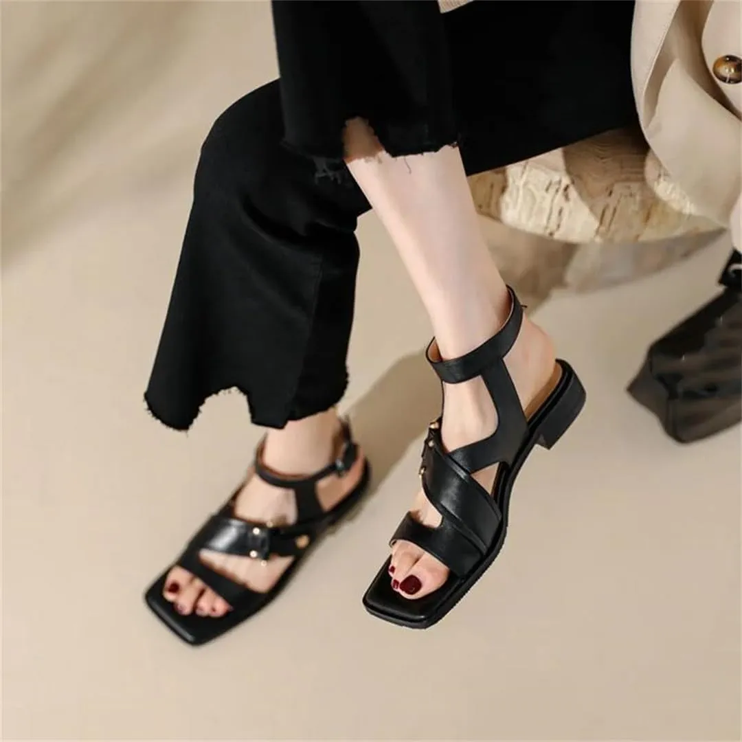Womens Buckle Strap Back Strap Square Heel Open Side Vamp Gladiator Sandals Cow Leather Low Heel Casual Metal Buckle Summer Sandals