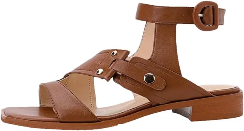 Womens Buckle Strap Back Strap Square Heel Open Side Vamp Gladiator Sandals Cow Leather Low Heel Casual Metal Buckle Summer Sandals