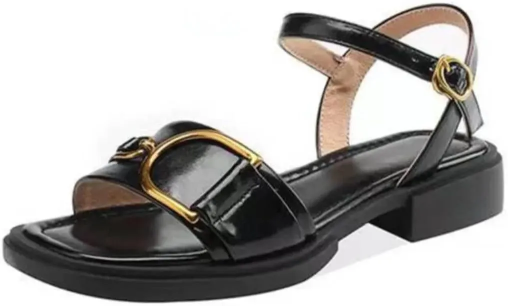 Womens Buckle Strap Basic Square Heel Open Side Vamp Fashion Sandals Leather Metal Decoration Office Casual