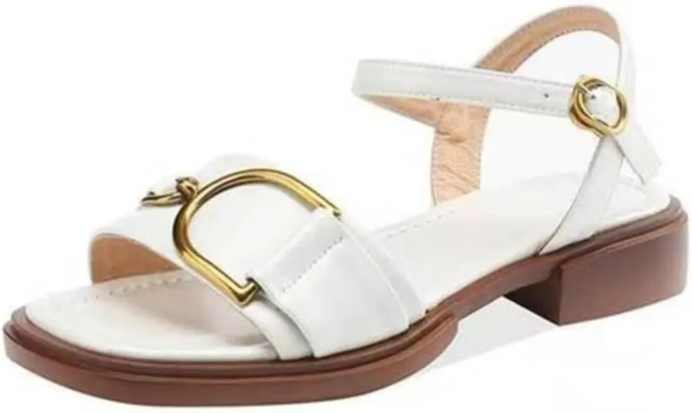 Womens Buckle Strap Basic Square Heel Open Side Vamp Fashion Sandals Leather Metal Decoration Office Casual
