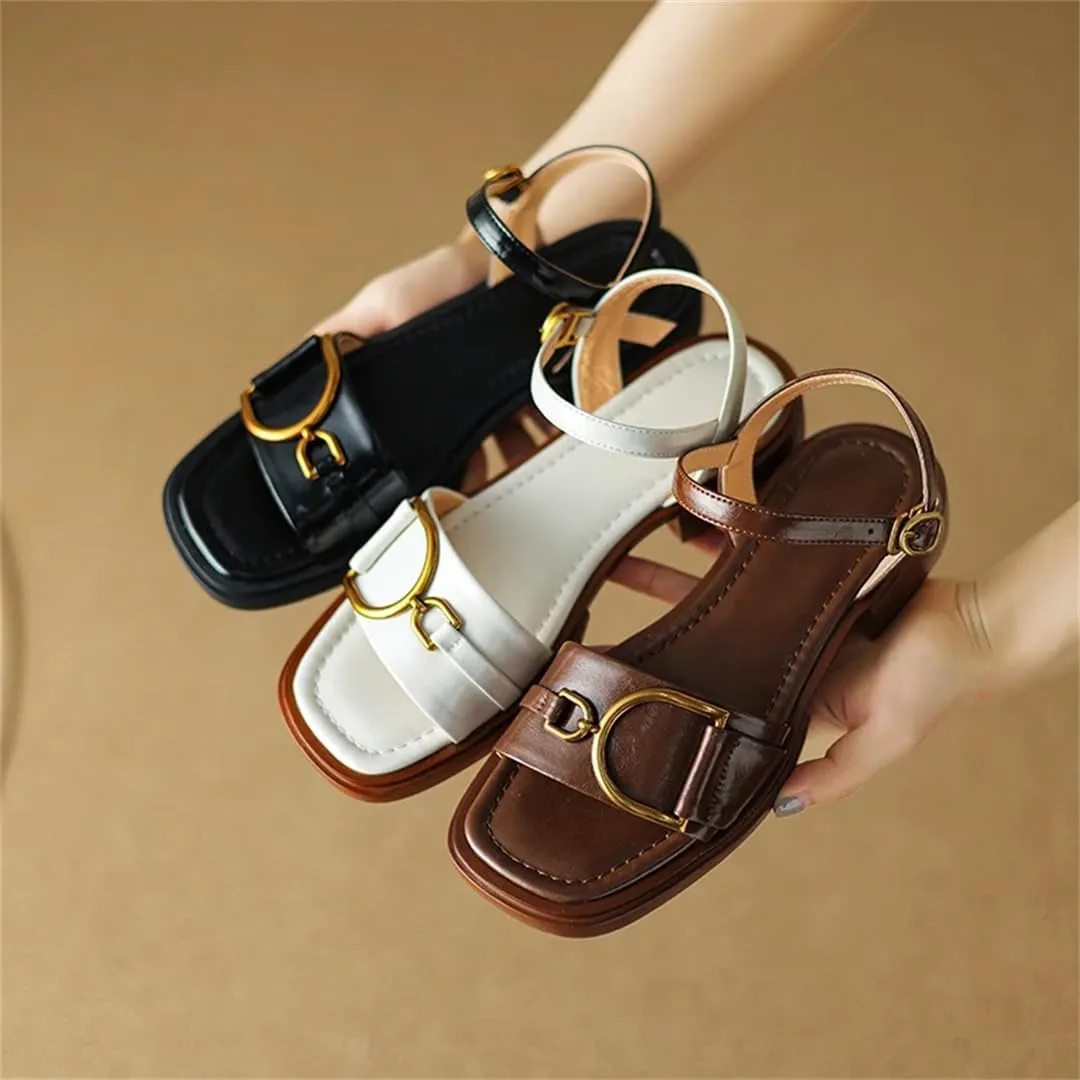 Womens Buckle Strap Basic Square Heel Open Side Vamp Fashion Sandals Leather Metal Decoration Office Casual