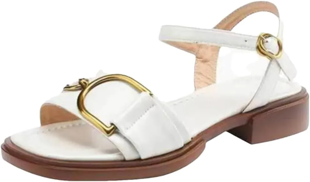 Womens Buckle Strap Basic Square Heel Open Side Vamp Fashion Sandals Leather Metal Decoration Office Casual