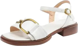 Womens Buckle Strap Basic Square Heel Open Side Vamp Fashion Sandals Leather Metal Decoration Office Casual