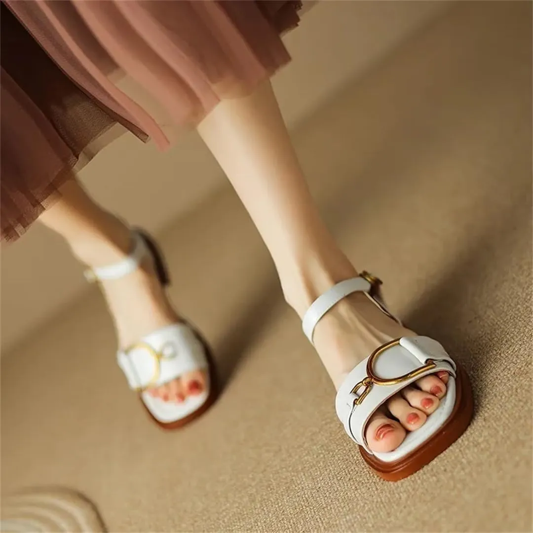 Womens Buckle Strap Basic Square Heel Open Side Vamp Fashion Sandals Leather Metal Decoration Office Casual