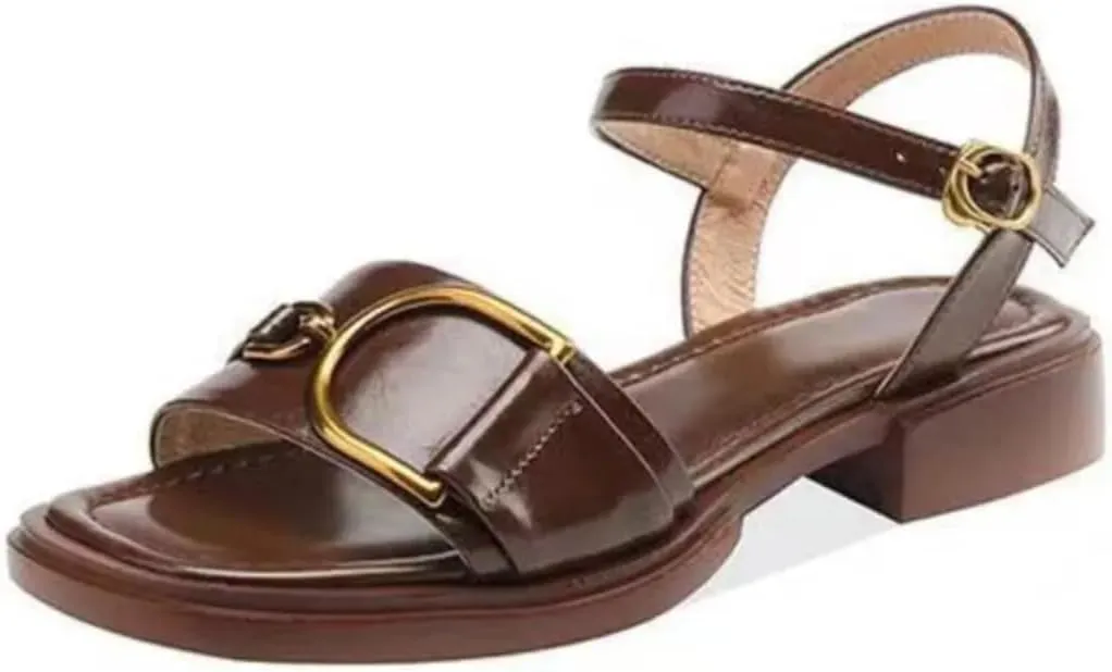 Womens Buckle Strap Basic Square Heel Open Side Vamp Fashion Sandals Leather Metal Decoration Office Casual
