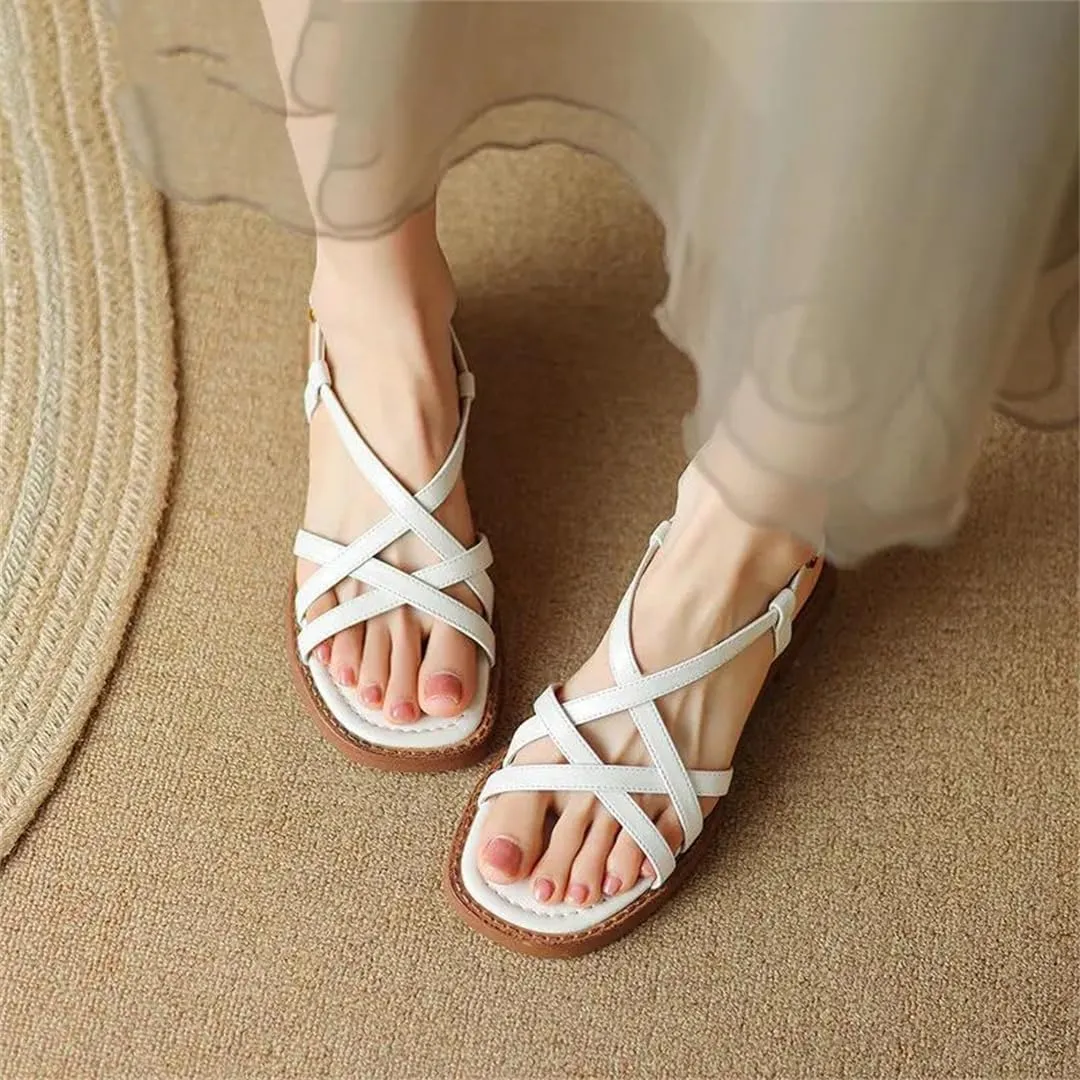 Womens Buckle Strap Front Rear Strap Square Heel Open Side Vamp Gladiator Sandals Cow Leather Formal Office Summer Sandals