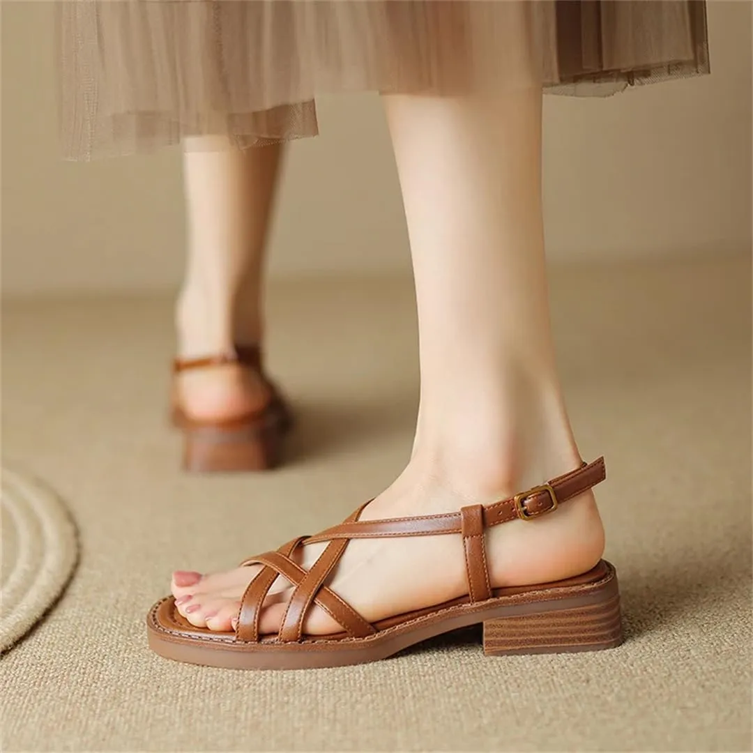 Womens Buckle Strap Front Rear Strap Square Heel Open Side Vamp Gladiator Sandals Cow Leather Formal Office Summer Sandals