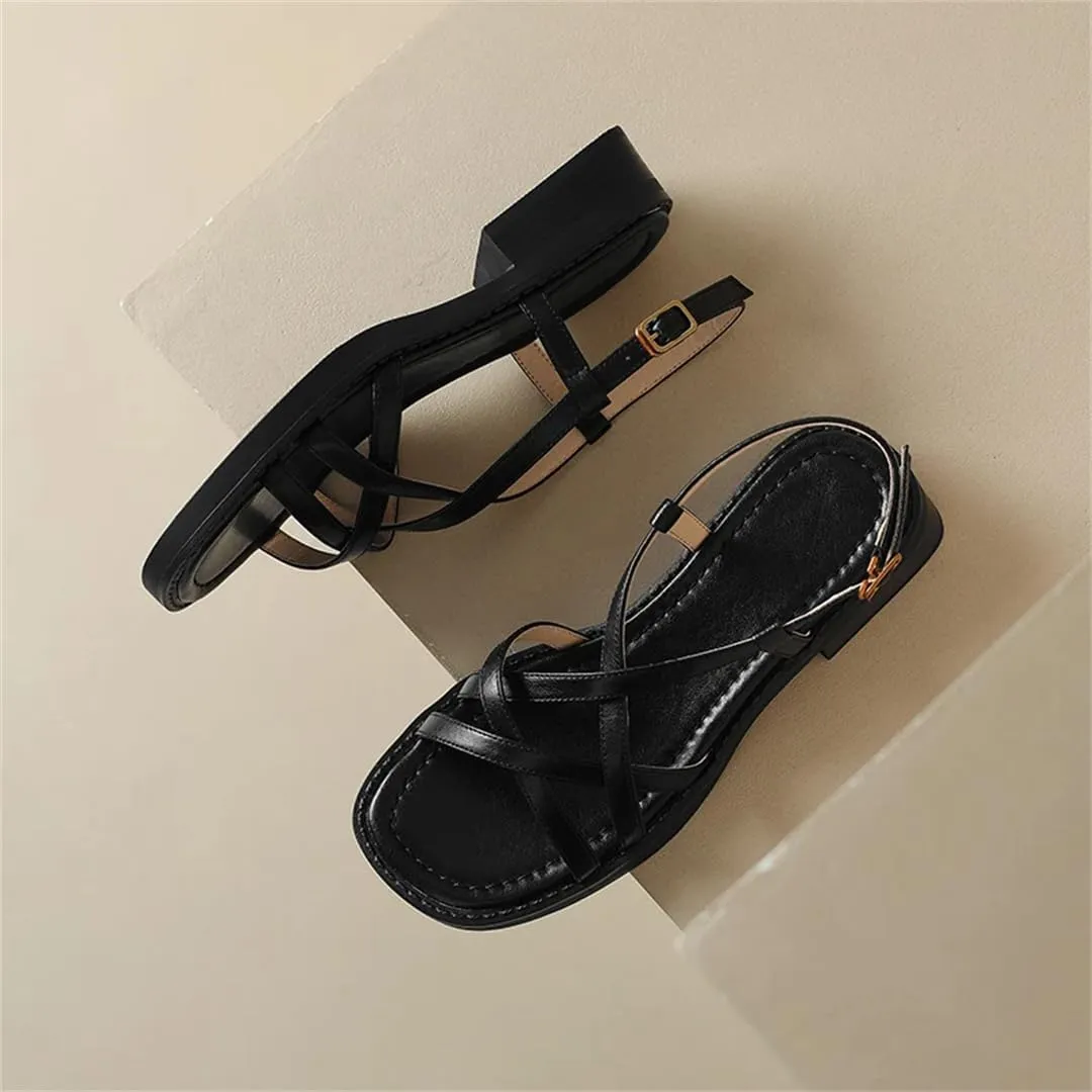 Womens Buckle Strap Front Rear Strap Square Heel Open Side Vamp Gladiator Sandals Cow Leather Formal Office Summer Sandals