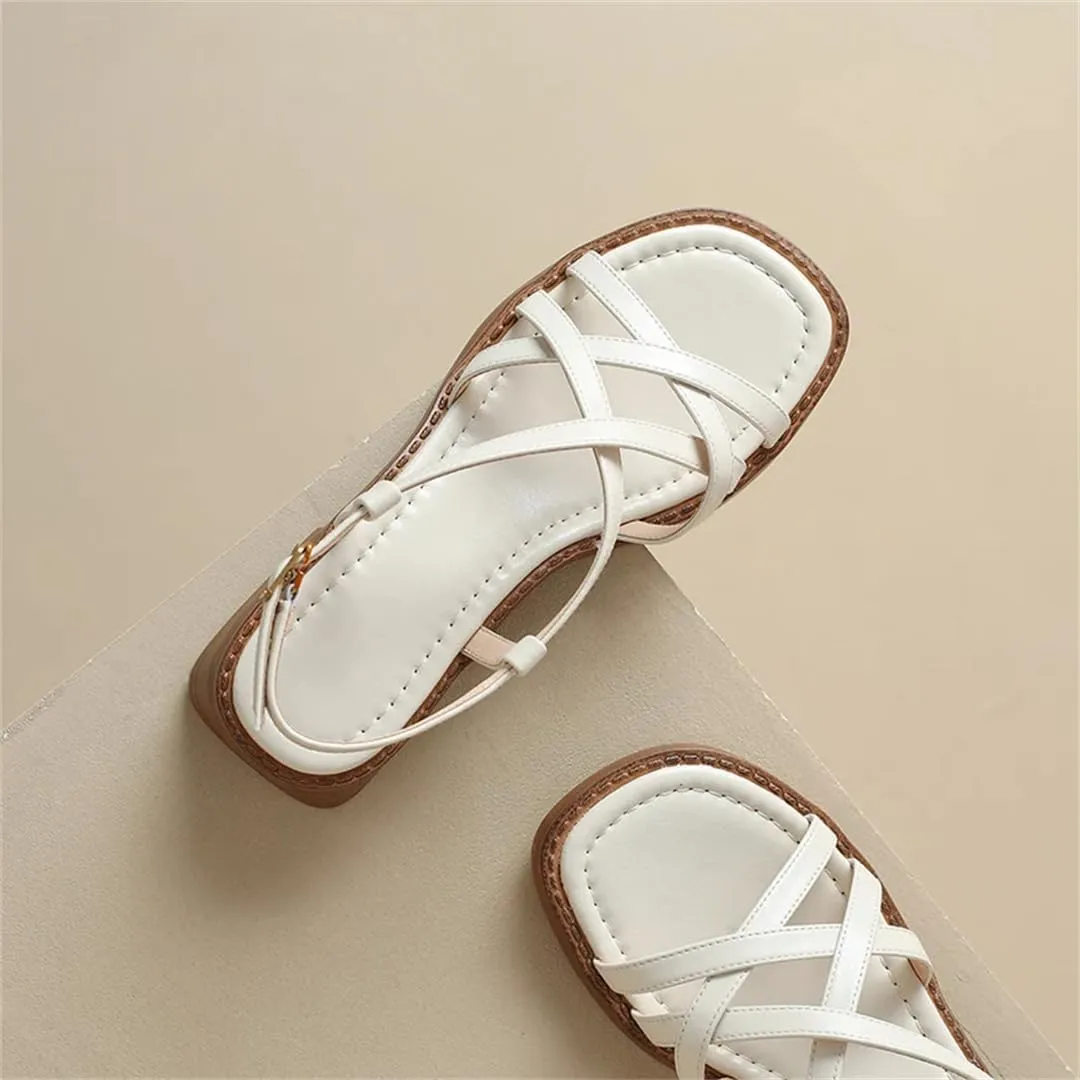 Womens Buckle Strap Front Rear Strap Square Heel Open Side Vamp Gladiator Sandals Cow Leather Formal Office Summer Sandals