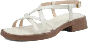 Womens Buckle Strap Front Rear Strap Square Heel Open Side Vamp Gladiator Sandals Cow Leather Formal Office Summer Sandals