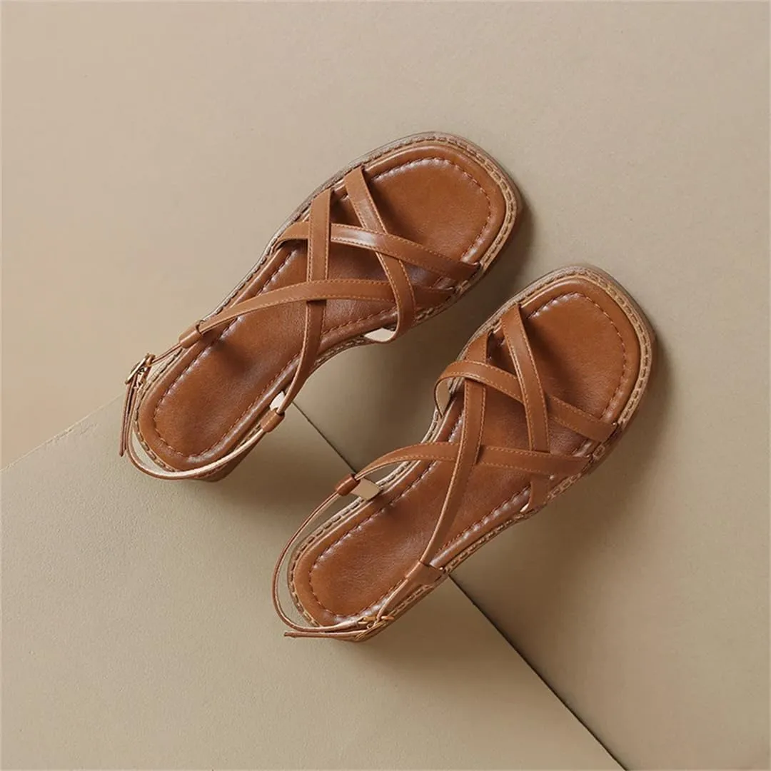 Womens Buckle Strap Front Rear Strap Square Heel Open Side Vamp Gladiator Sandals Cow Leather Formal Office Summer Sandals