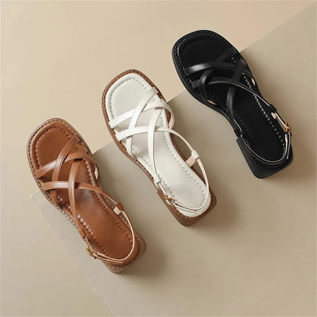 Womens Buckle Strap Front Rear Strap Square Heel Open Side Vamp Gladiator Sandals Cow Leather Formal Office Summer Sandals