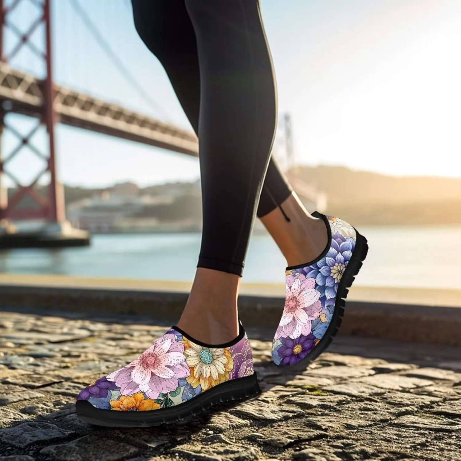 Women's Casual Walking Shoes with Flower,Slip On Mesh Sneakers Lightweight Anti Slip Running Shoes Gym Workout Shoes Trainers