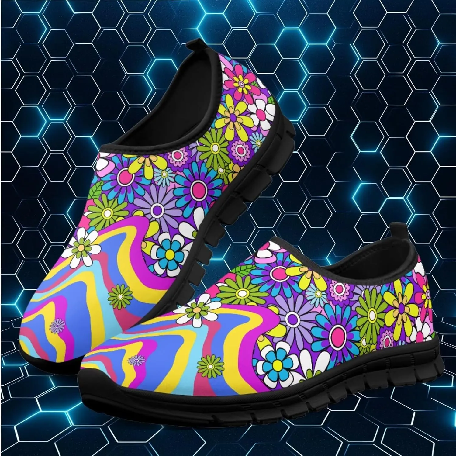 Women's Casual Walking Shoes with Flower,Slip On Mesh Sneakers Lightweight Anti Slip Running Shoes Gym Workout Shoes Trainers