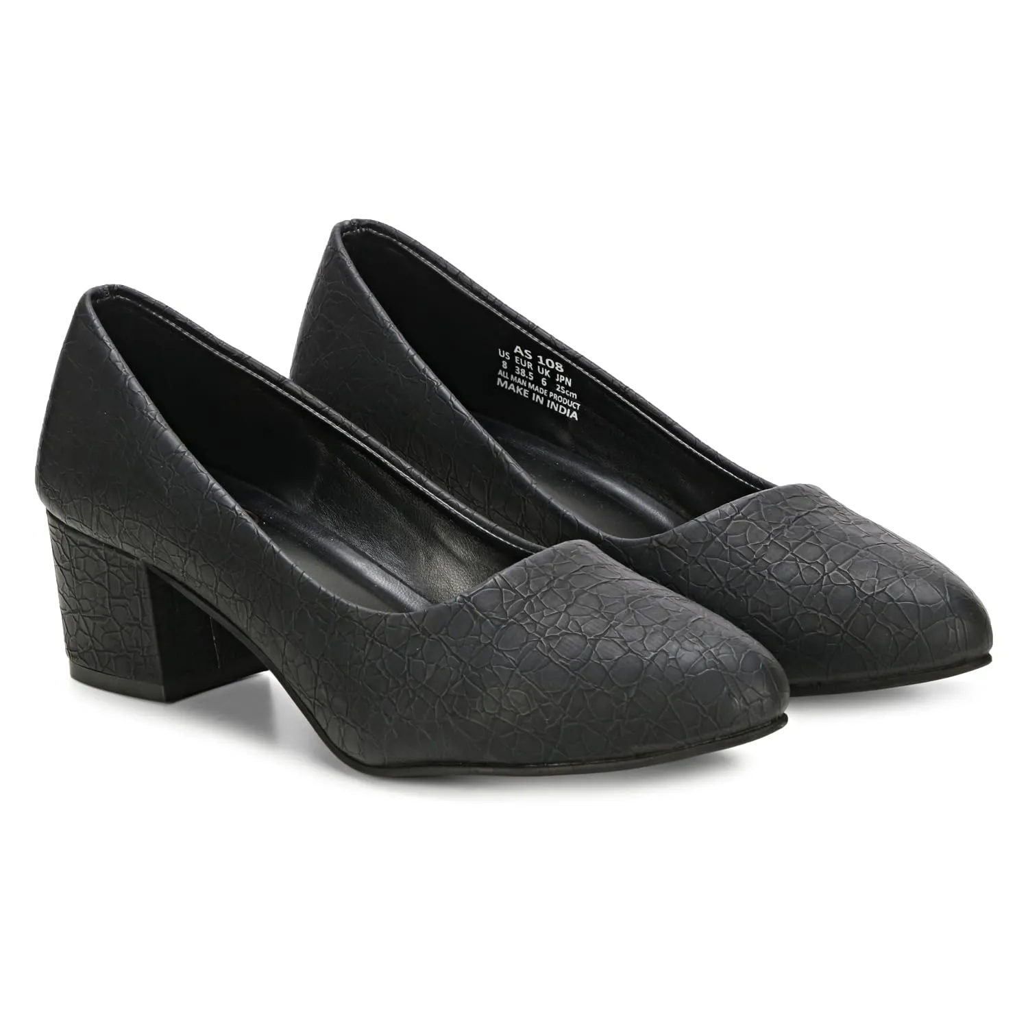 Women's Chunky Low Block Heel Pumps Shoes | Synthetic Textured Pointed Toe Dress Shoes | Closed Toe, Slip On Comfortable 2-Inch Heel for Office, Casual, and Party Wear (9, Black)