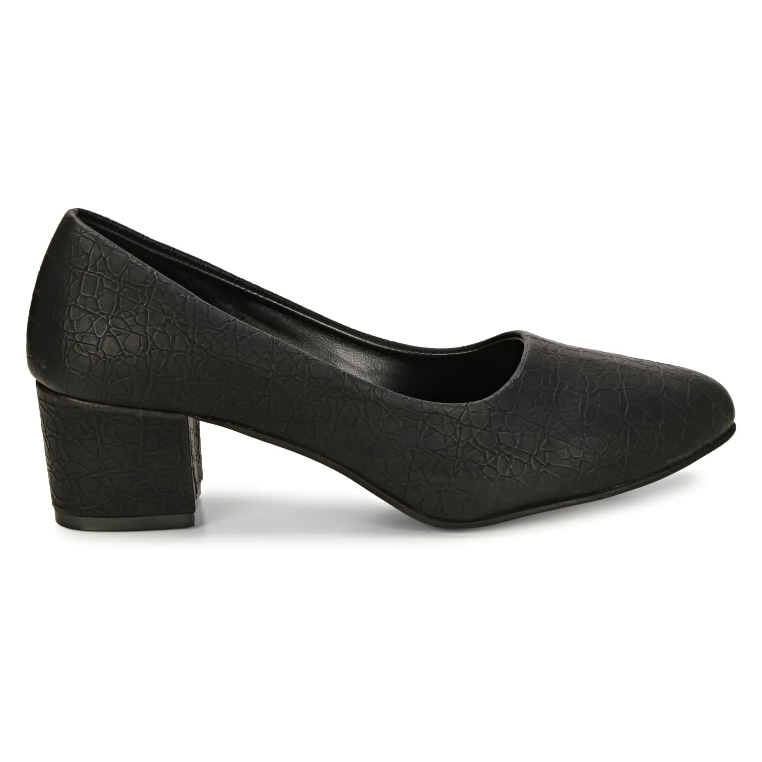 Women's Chunky Low Block Heel Pumps Shoes | Synthetic Textured Pointed Toe Dress Shoes | Closed Toe, Slip On Comfortable 2-Inch Heel for Office, Casual, and Party Wear (9, Black)