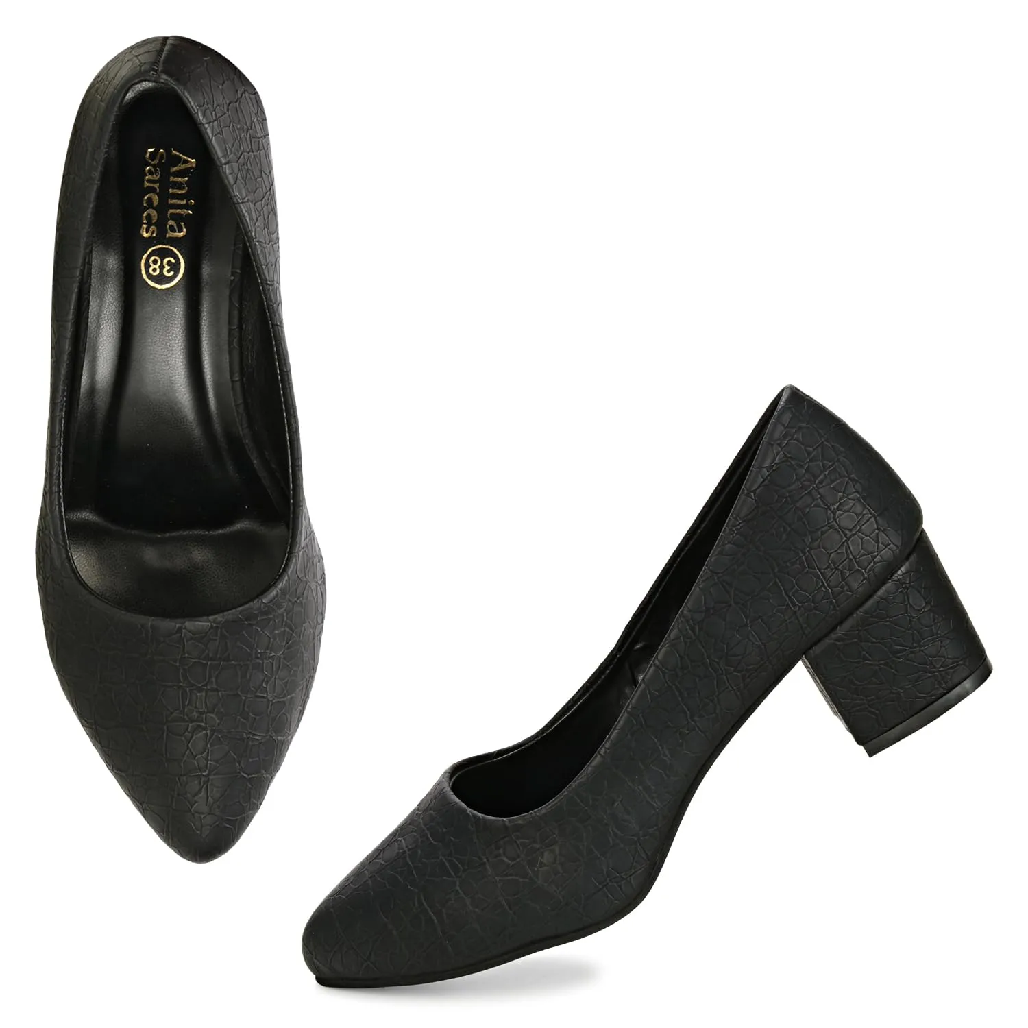 Women's Chunky Low Block Heel Pumps Shoes | Synthetic Textured Pointed Toe Dress Shoes | Closed Toe, Slip On Comfortable 2-Inch Heel for Office, Casual, and Party Wear (9, Black)