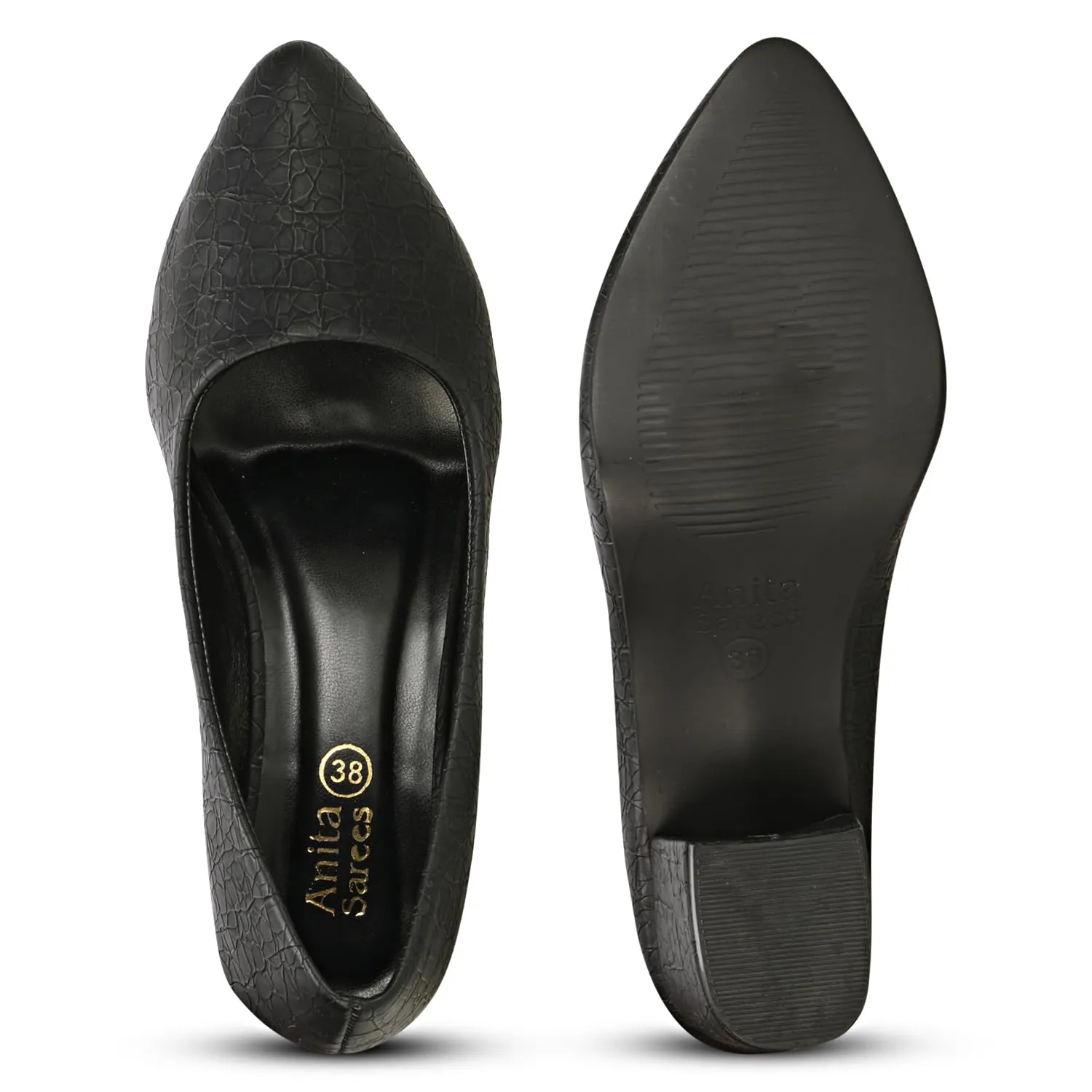 Women's Chunky Low Block Heel Pumps Shoes | Synthetic Textured Pointed Toe Dress Shoes | Closed Toe, Slip On Comfortable 2-Inch Heel for Office, Casual, and Party Wear (9, Black)