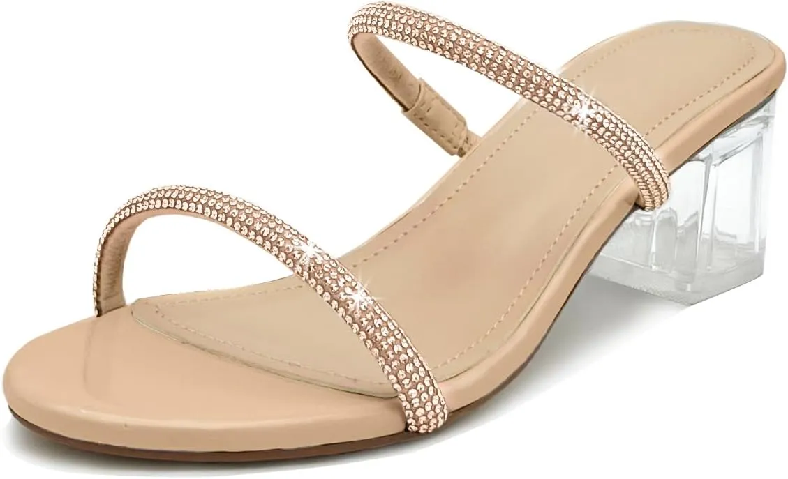 Women's Clear Block Heels Sparkly Strappy Slip On Dressy Sandals