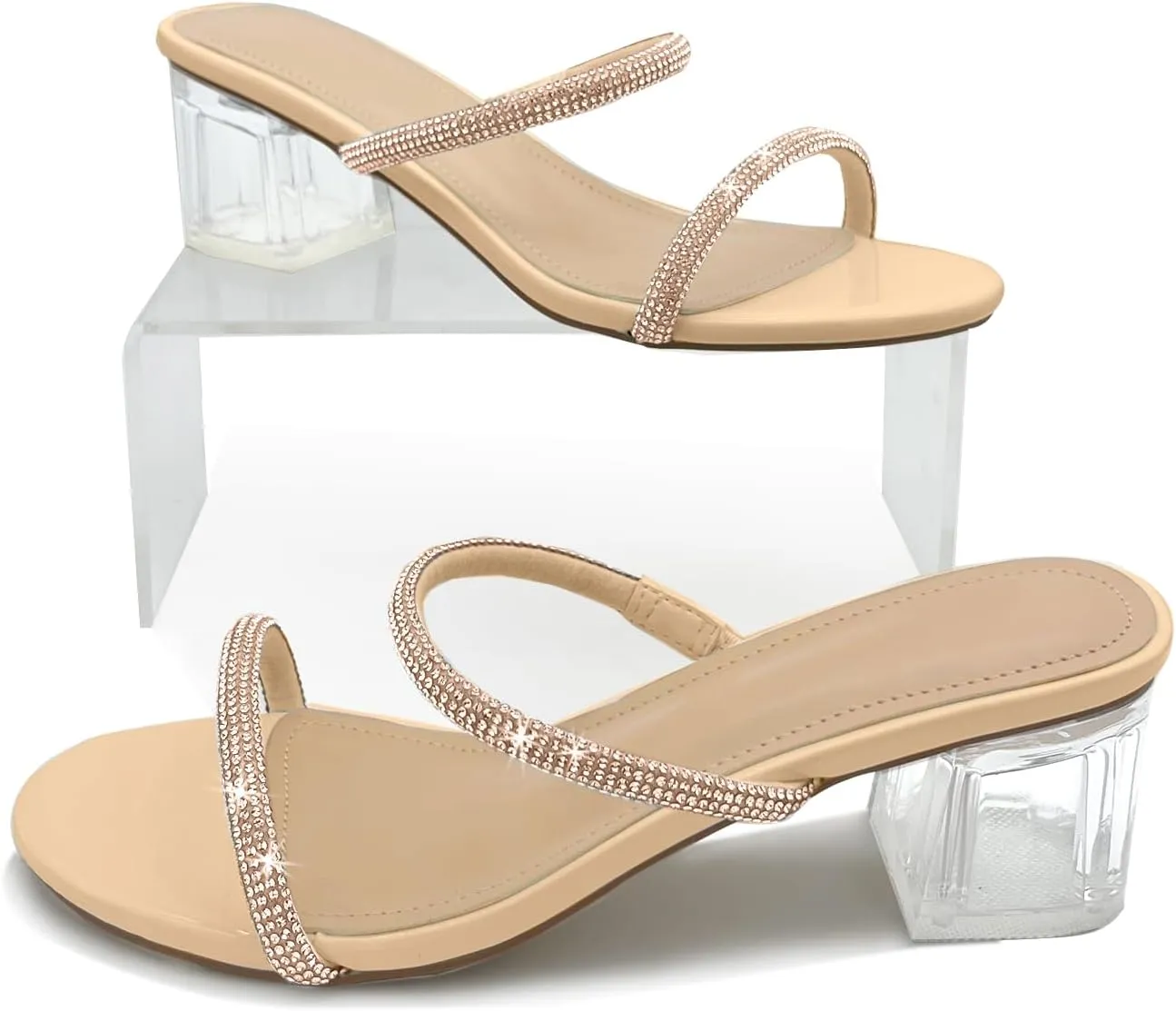 Women's Clear Block Heels Sparkly Strappy Slip On Dressy Sandals