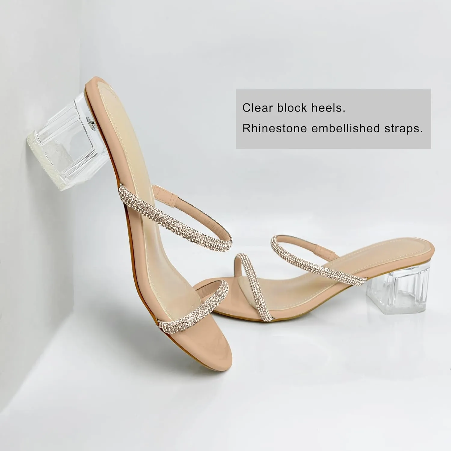 Women's Clear Block Heels Sparkly Strappy Slip On Dressy Sandals