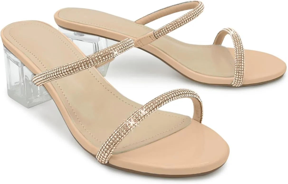 Women's Clear Block Heels Sparkly Strappy Slip On Dressy Sandals