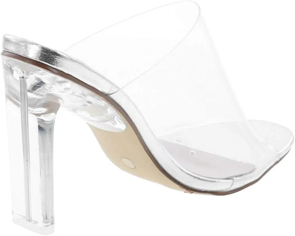 Women's Clear Open Toe Single Band Chunky Heels Mules High Heels Slip On Slide Sandals