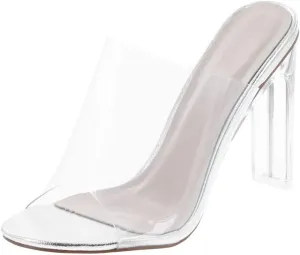 Women's Clear Open Toe Single Band Chunky Heels Mules High Heels Slip On Slide Sandals