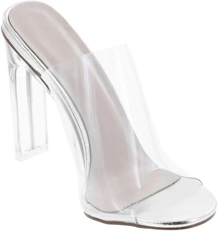 Women's Clear Open Toe Single Band Chunky Heels Mules High Heels Slip On Slide Sandals