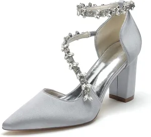 Women's Closed Toe Satin High Heels Chunky Block Ankle Strap Rhinestones Wedding Pumps Prom Evening Party Dress Shoes Sandal