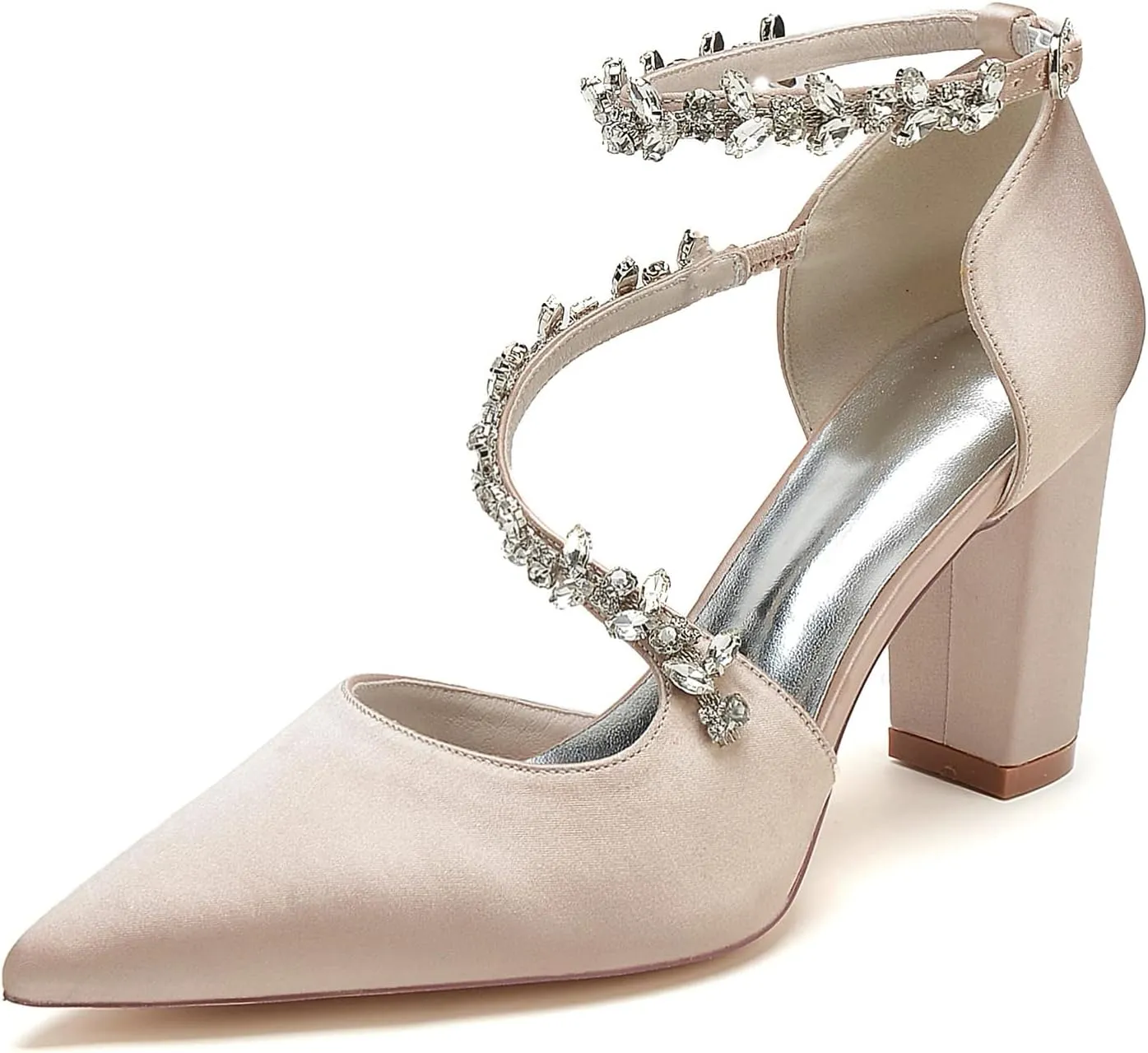 Women's Closed Toe Satin High Heels Chunky Block Ankle Strap Rhinestones Wedding Pumps Prom Evening Party Dress Shoes Sandal