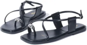 Women's Cross Strappy Metal Decoration Toe Ring Square Toe Flat Sandals with Adjustable Buckle Lightweight Non Slip Gladiator Sandals Summer Beach Party Daily Dating Thong Slides