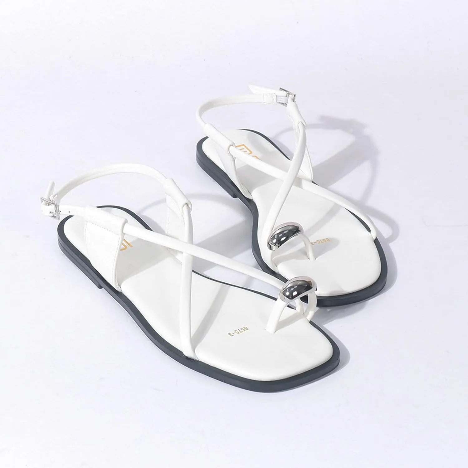 Women's Cross Strappy Metal Decoration Toe Ring Square Toe Flat Sandals with Adjustable Buckle Lightweight Non Slip Gladiator Sandals Summer Beach Party Daily Dating Thong Slides