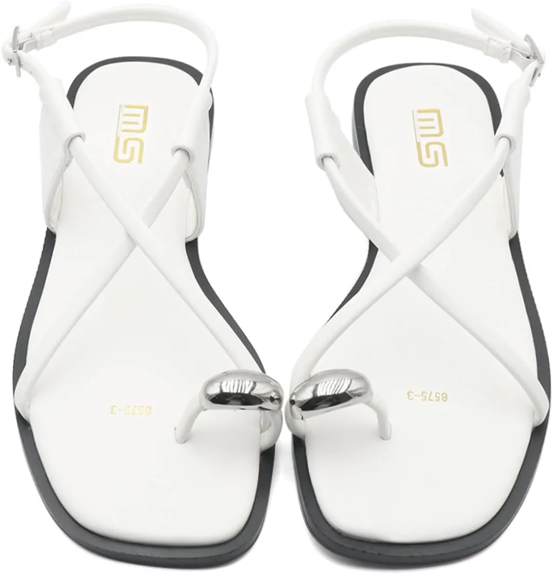 Women's Cross Strappy Metal Decoration Toe Ring Square Toe Flat Sandals with Adjustable Buckle Lightweight Non Slip Gladiator Sandals Summer Beach Party Daily Dating Thong Slides