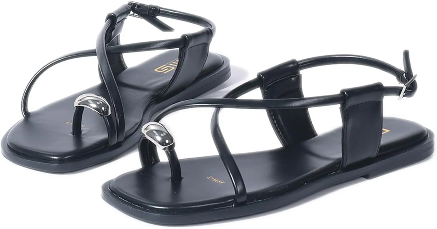 Women's Cross Strappy Metal Decoration Toe Ring Square Toe Flat Sandals with Adjustable Buckle Lightweight Non Slip Gladiator Sandals Summer Beach Party Daily Dating Thong Slides