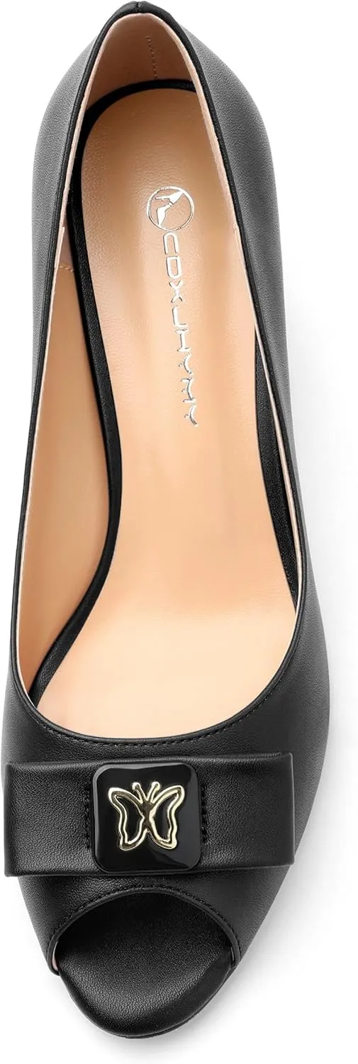 Womens Dress Peep Toe Patent Open Toe Slip On Dating ，Patent Slip On Bow Round Toe Bow Decorated Kitten Low Heel Pumps Shoes 2 Inch